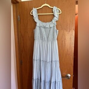 Light blue and white midi dress with ruffle sleeves